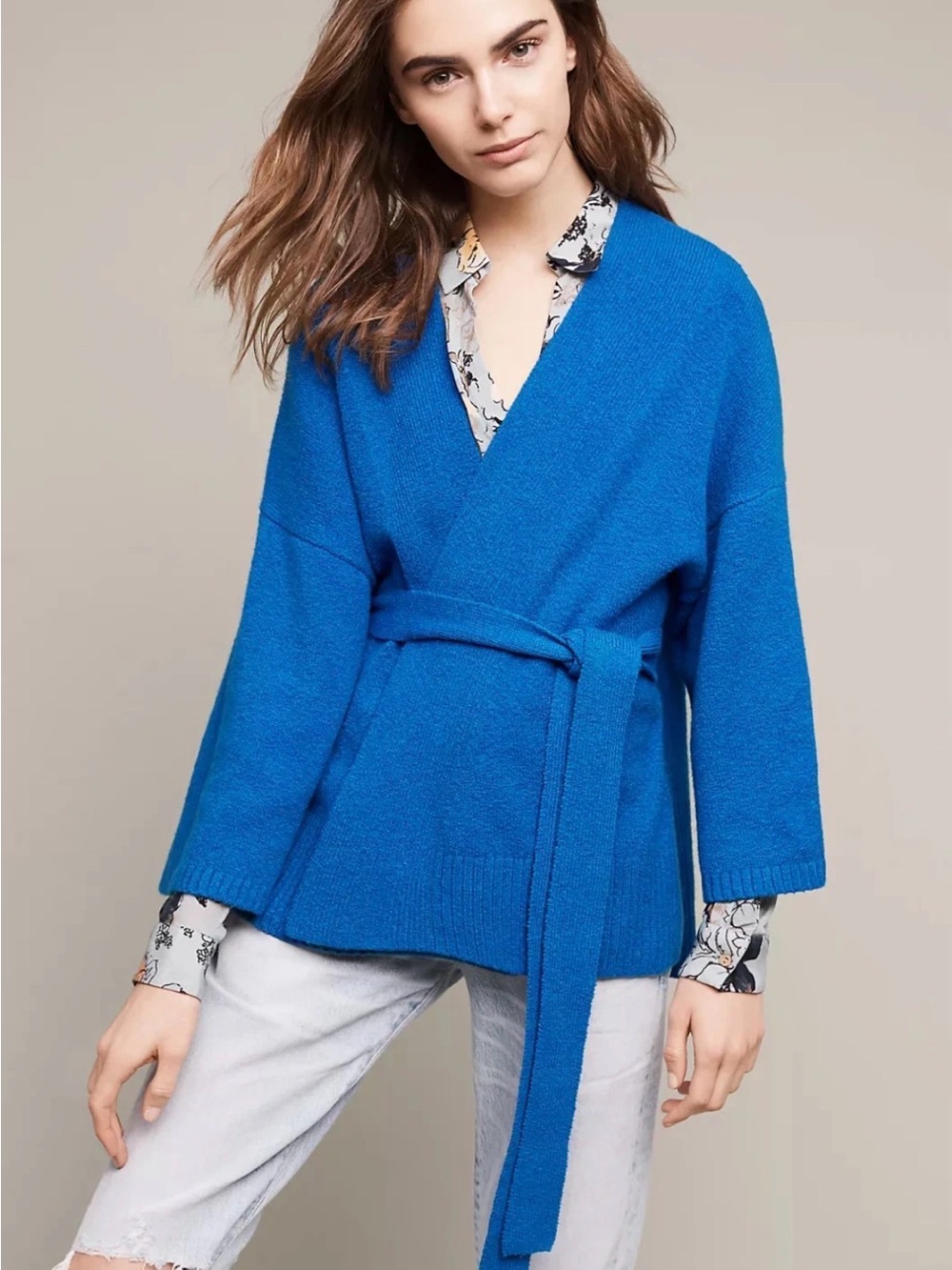 Anthropologie Sleeping on Snow Alcott Kimono Sweater Blue Belted